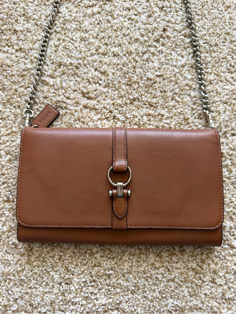 Coach Nomad Crossbody Clutch Wallet in Saddle Brown Leather Silver Chain